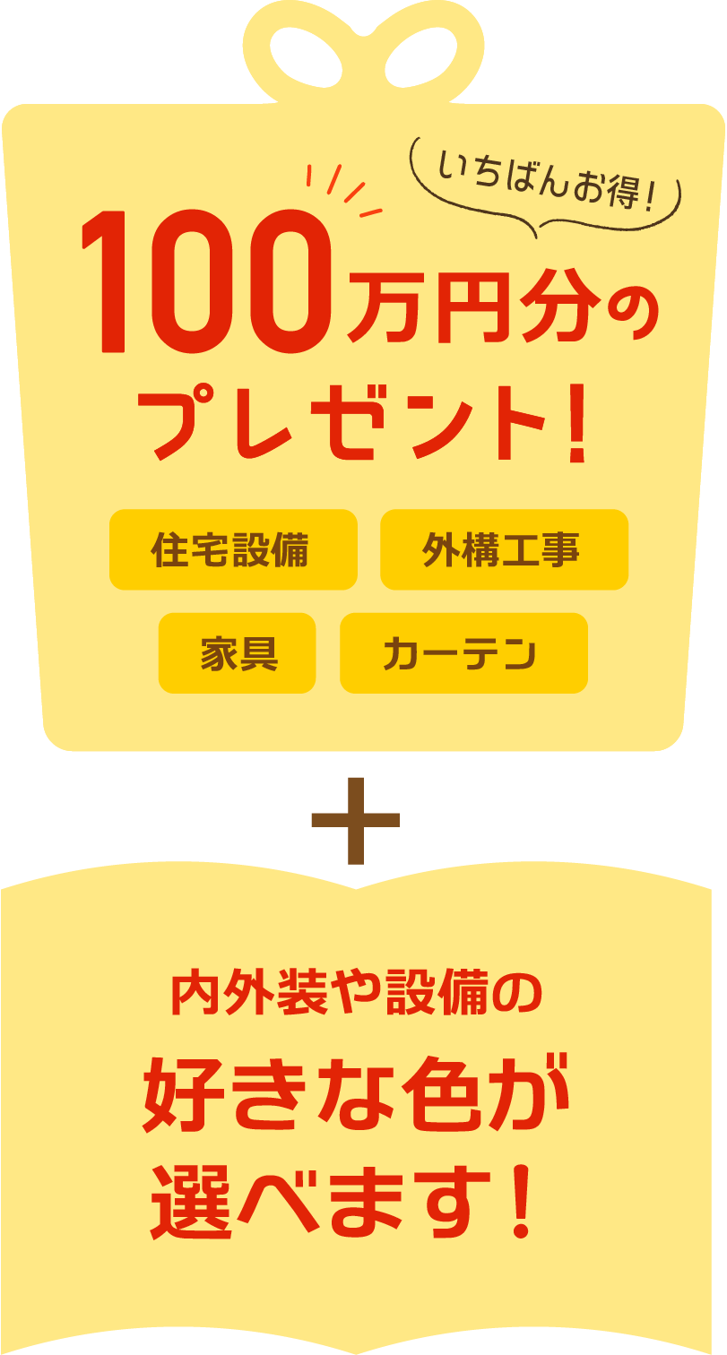 100万円分のプレゼント＋内外装や設備の好きな色が選べます！